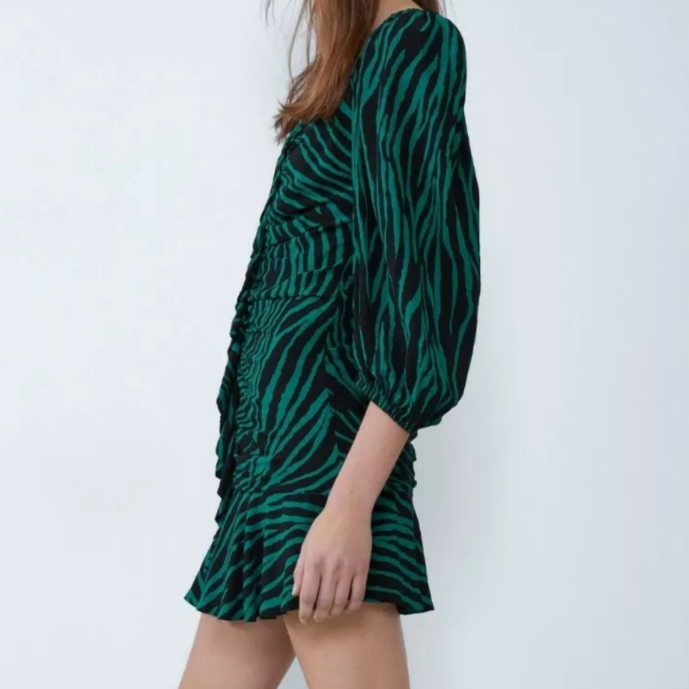 ZARA Mini Dress Ruffle Front Ruched Flare Zebra - Picture 3 of 10